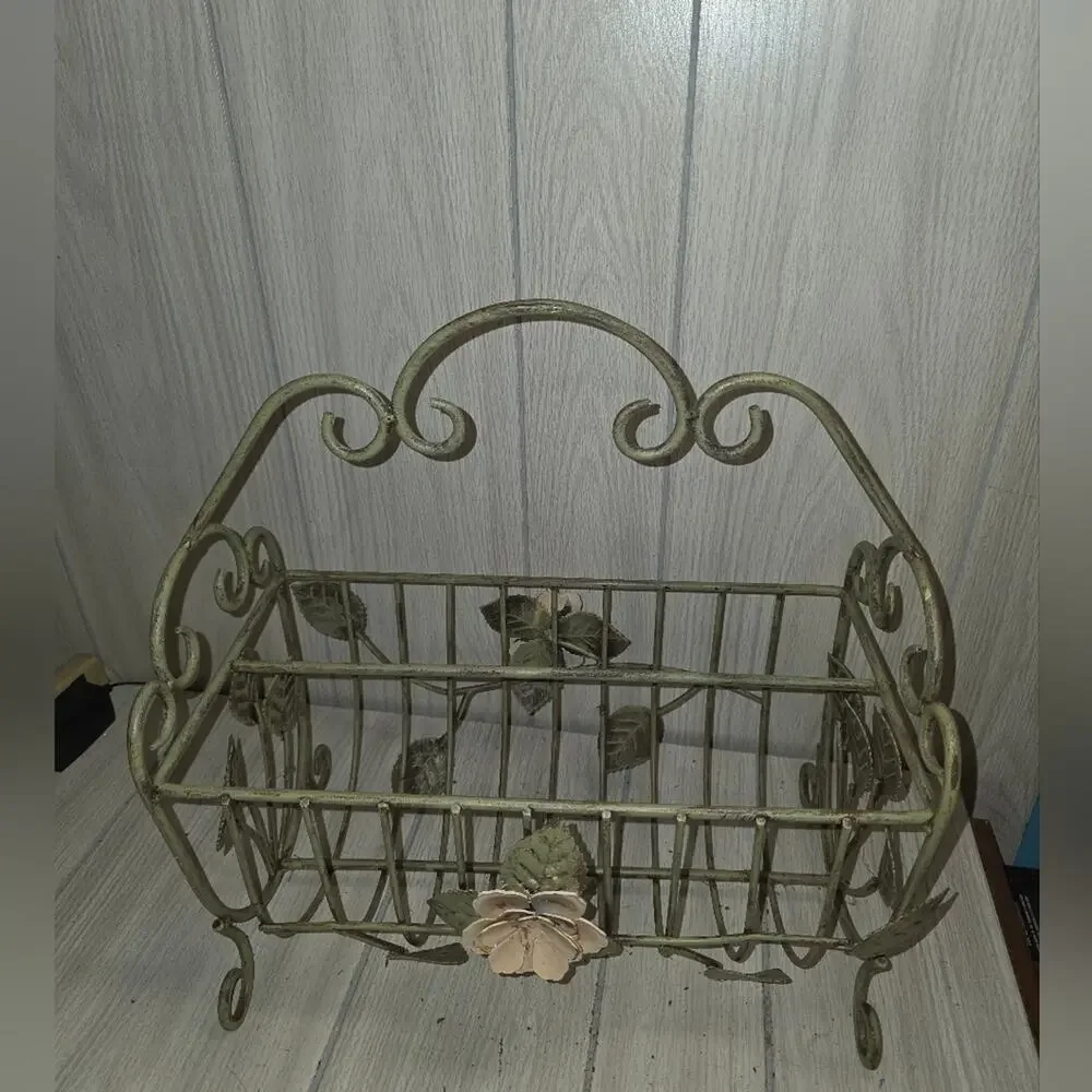 Vtg White Wrought Iron W/Pink Metal Flower Magazine Rack Storage Bin Coquette